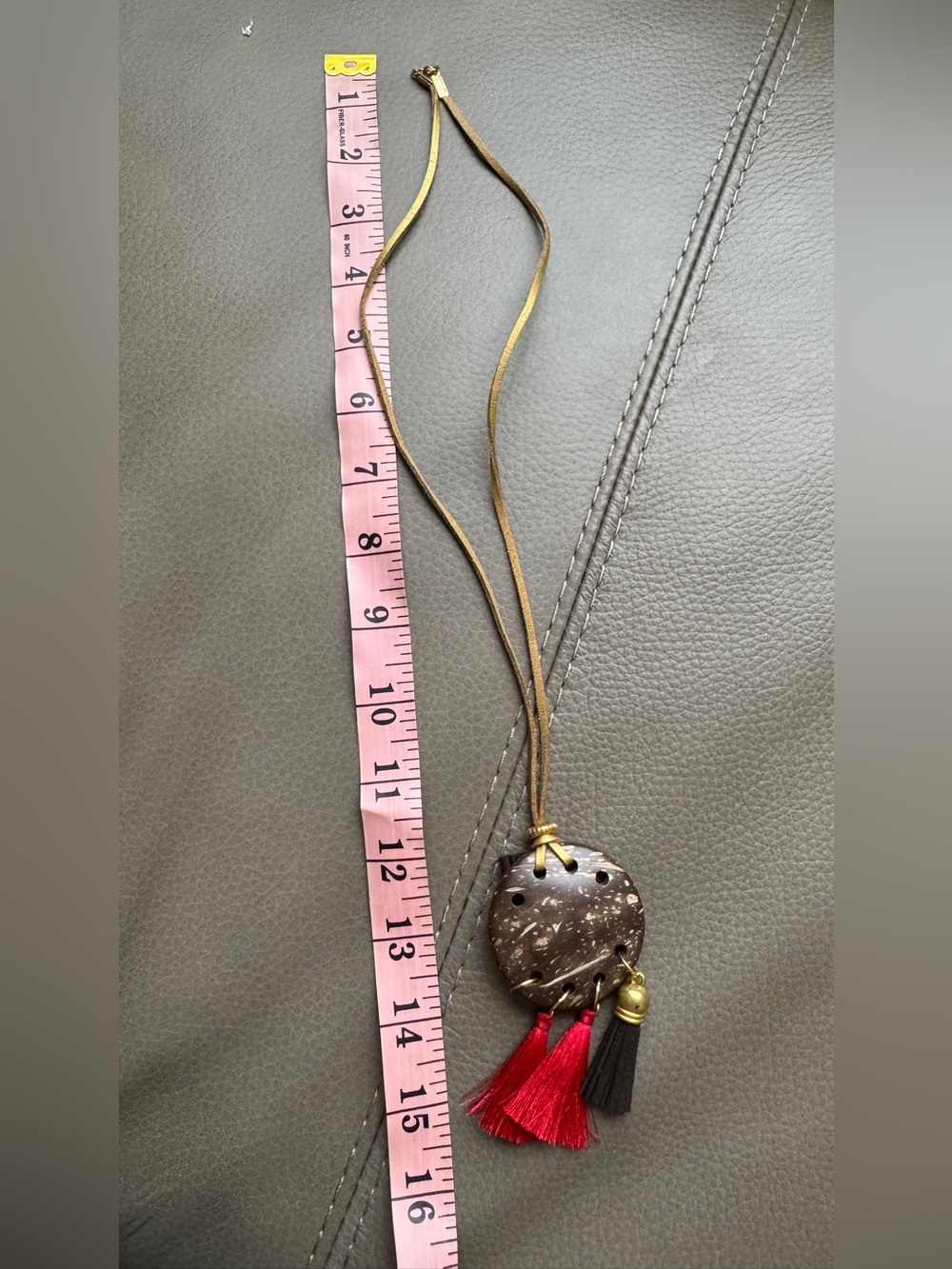 Boho Coconut Shell Pendant Necklace with Red & Black Tassels - Picture 4 of 4